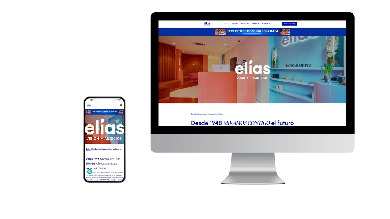 Diseño web de Elías Visión-Audición presentado en ordenador y móvil